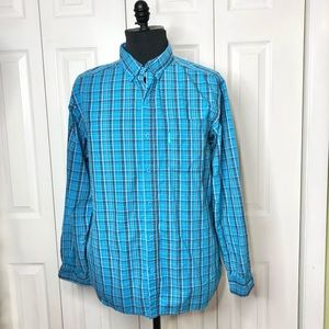 Columbia 💯% cotton long sleeve bright blue plaid button up shirt, button collar